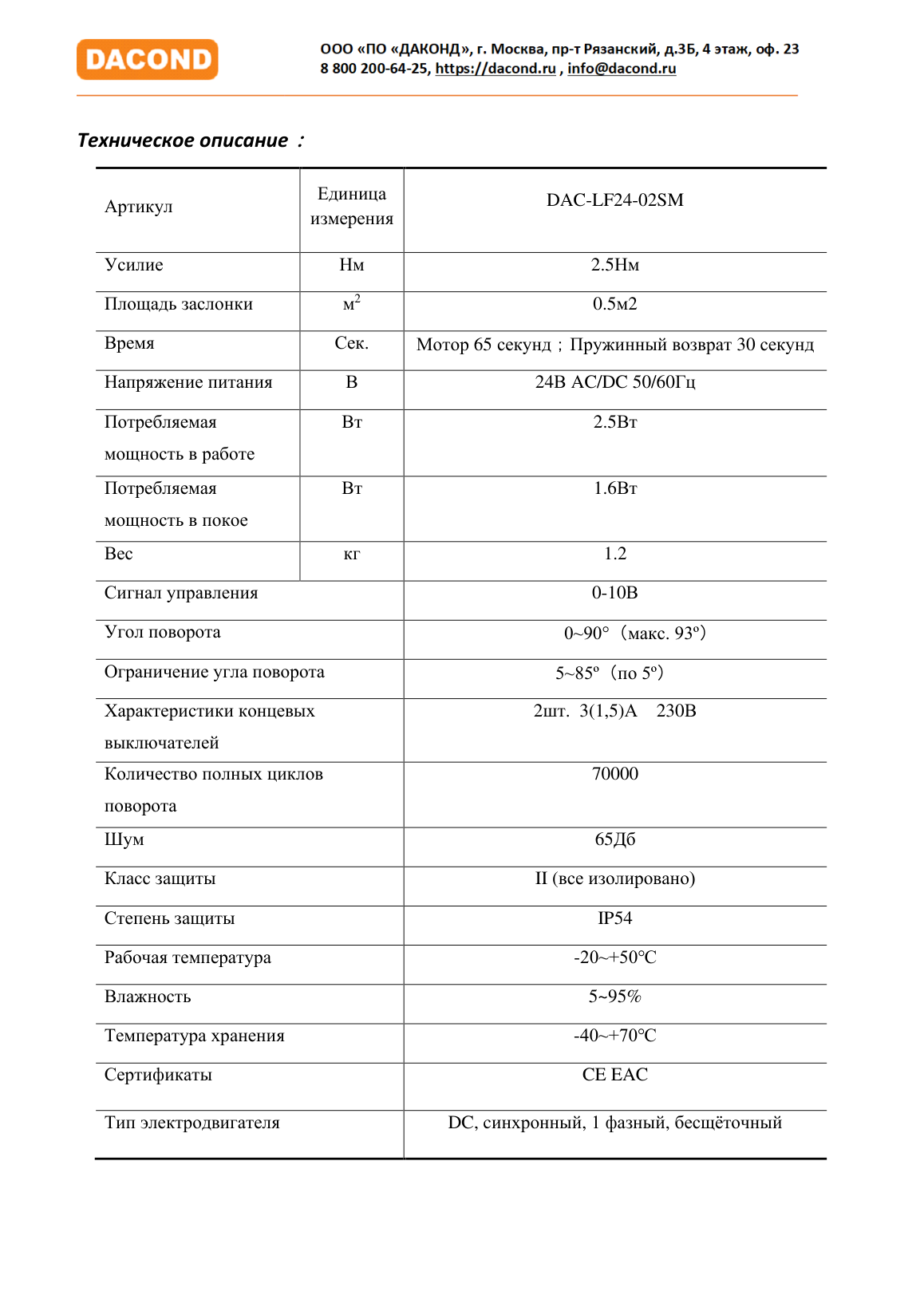Электропривод DACOND DAC-LF24-02SM (2 Н·м, 24 В, 0–10 В, с возвратной пружиной)