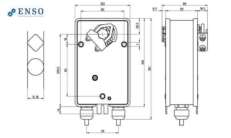 Электропривод ENSO LAB R-LF24-S2 — габаритные размеры, мм