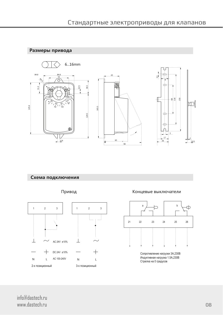 Размеры и схема подключения электропривода Dastech DA-04N220